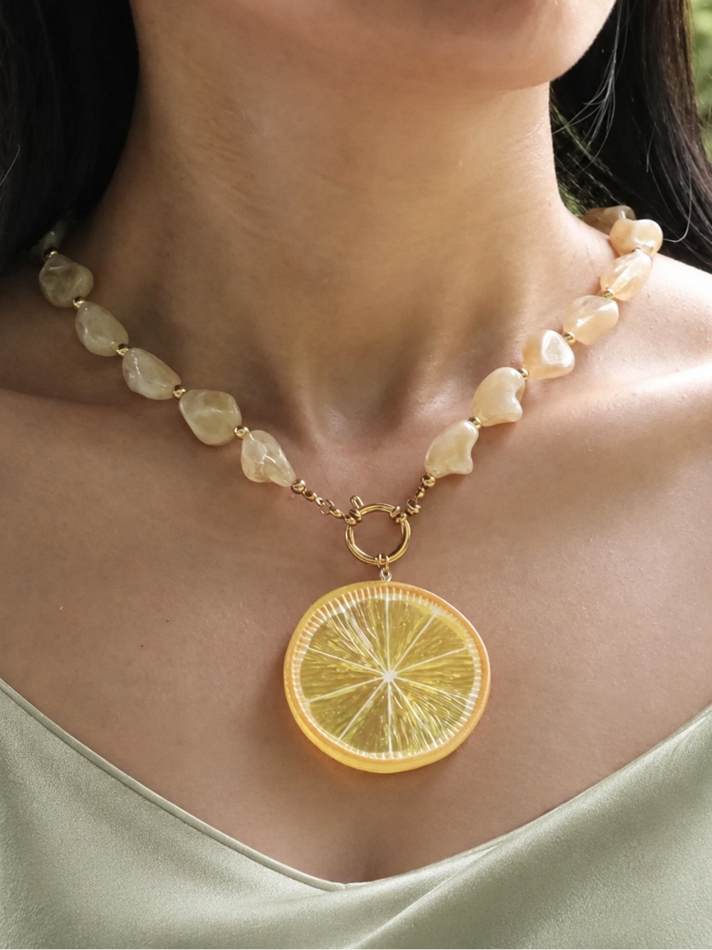 Lemon Slice Pendant Necklace with Irregular Beads Beaded Necklace